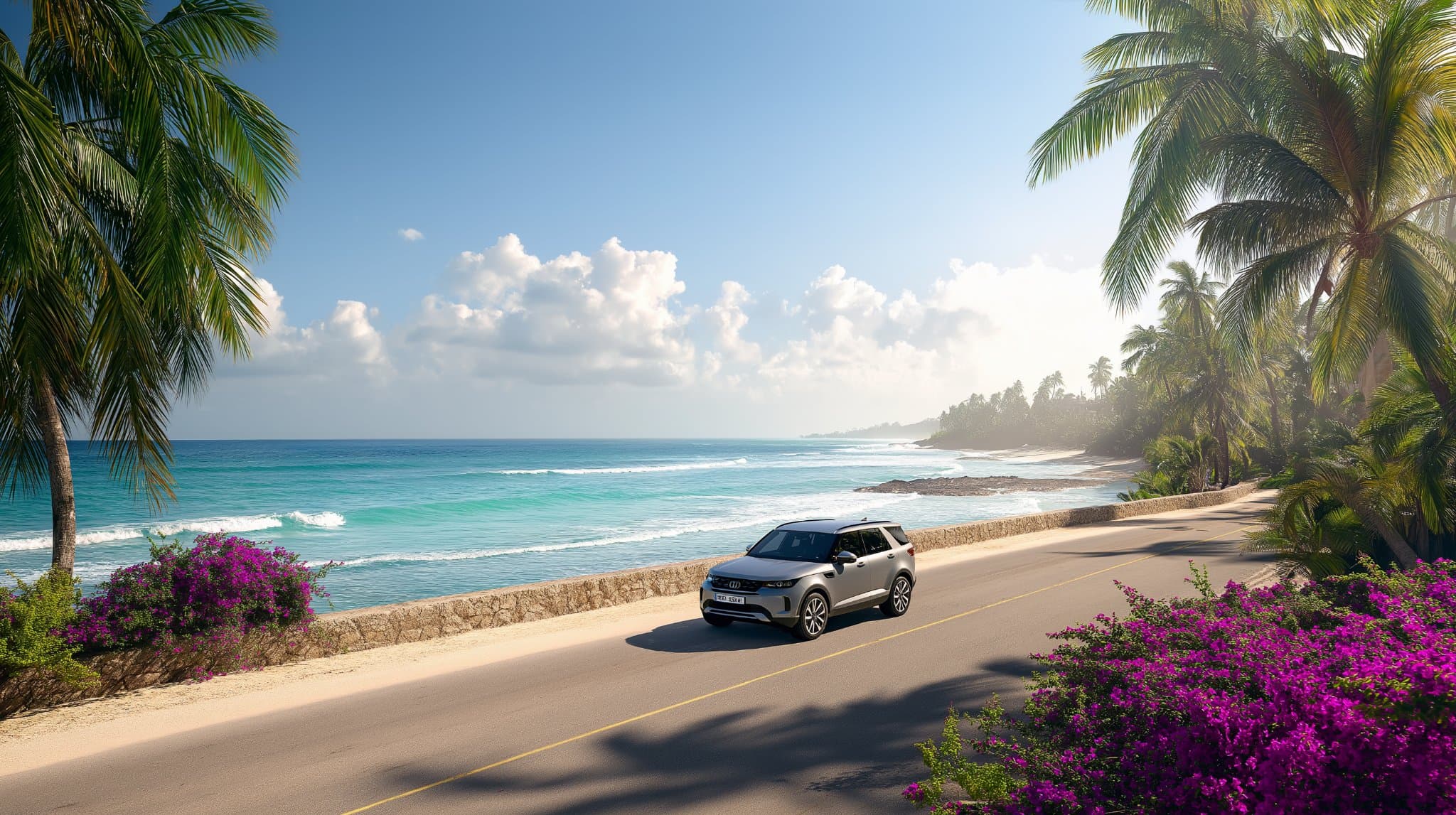 SUV driving along a Barbados coastal road beside turquoise water