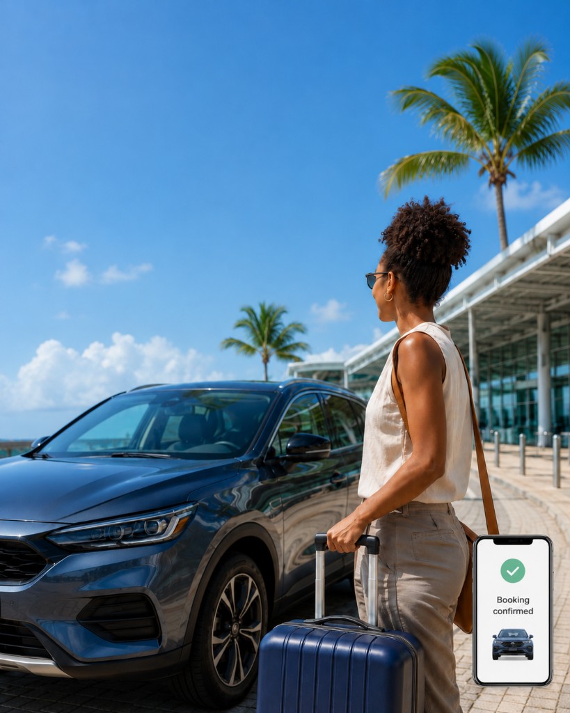 Traveller with luggage beside a rental car at a sunny Barbados airport arrival area